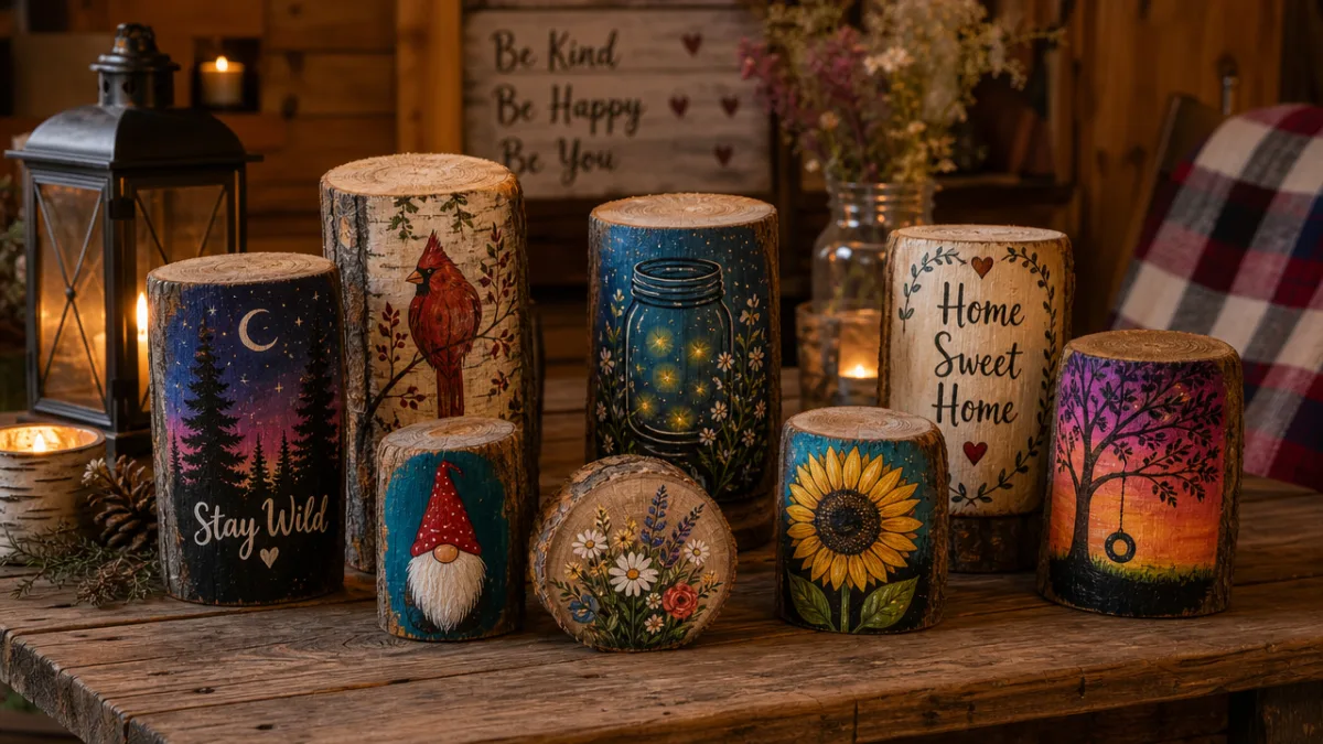 a rustic wooden table displaying colorful hand-painted log decorations, warm candlelight ambiance…
