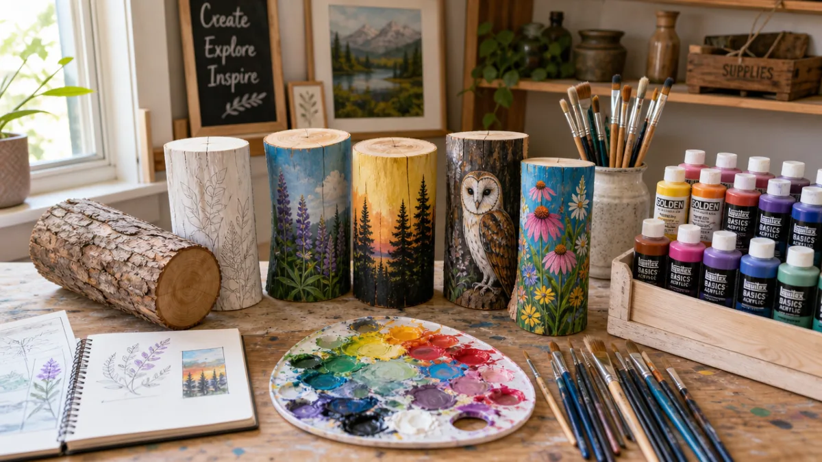 an artist's workspace with painted logs in various stages, colorful acrylic paints…