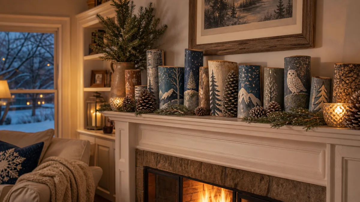 a cozy living room fireplace mantel decorated with artfully painted logs and…