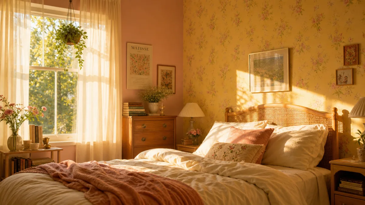 a sunlit bedroom with golden yellow and pink wallpaper, warm afternoon light…