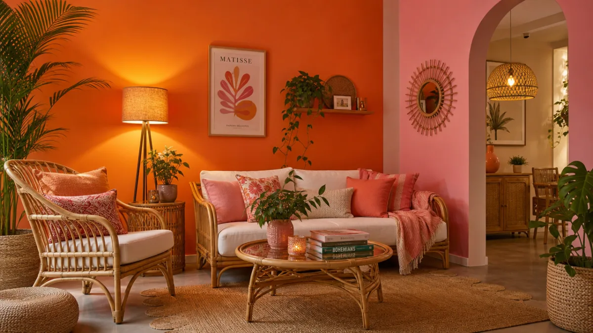 a cozy styled living area with bright orange and pink accent wall,…