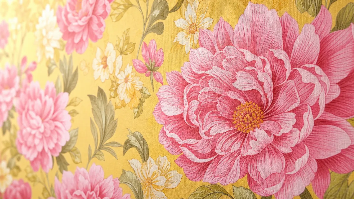 close-up detail of vibrant yellow and pink floral wallpaper with soft natural…