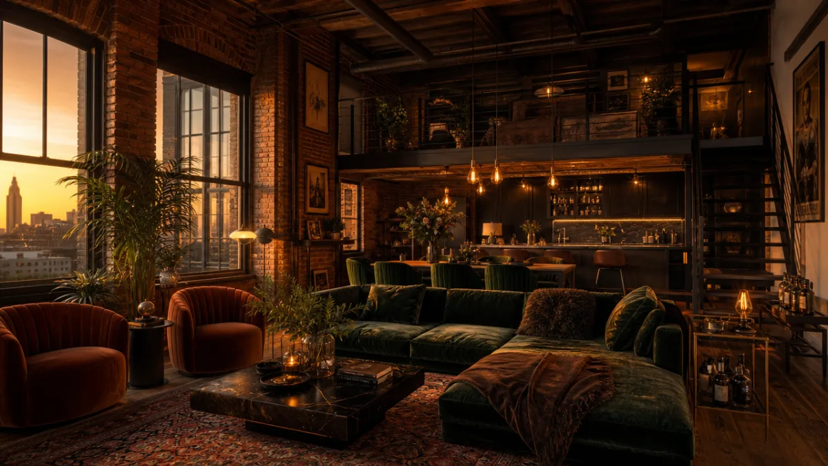 a cozy luxury loft apartment interior with exposed brick walls, warm Edison…