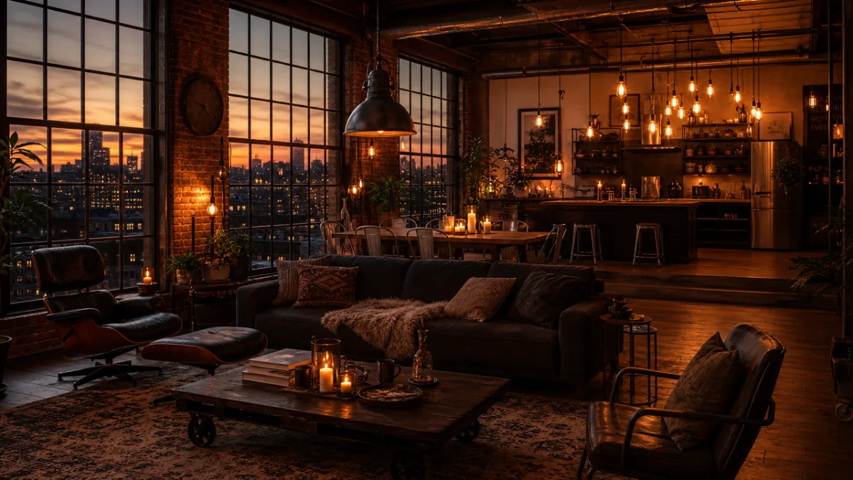 a moody loft apartment at dusk with layered Edison bulb lighting, candles,…