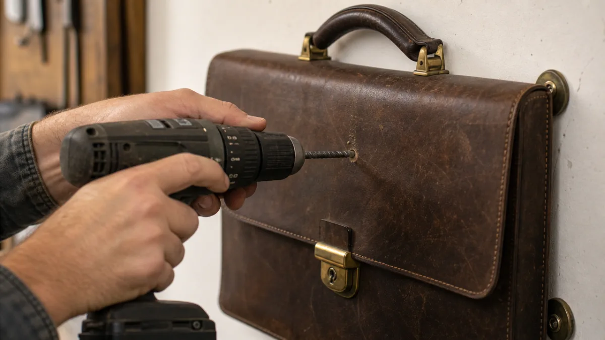 close-up of hands drilling into a vintage leather briefcase mounted on a…