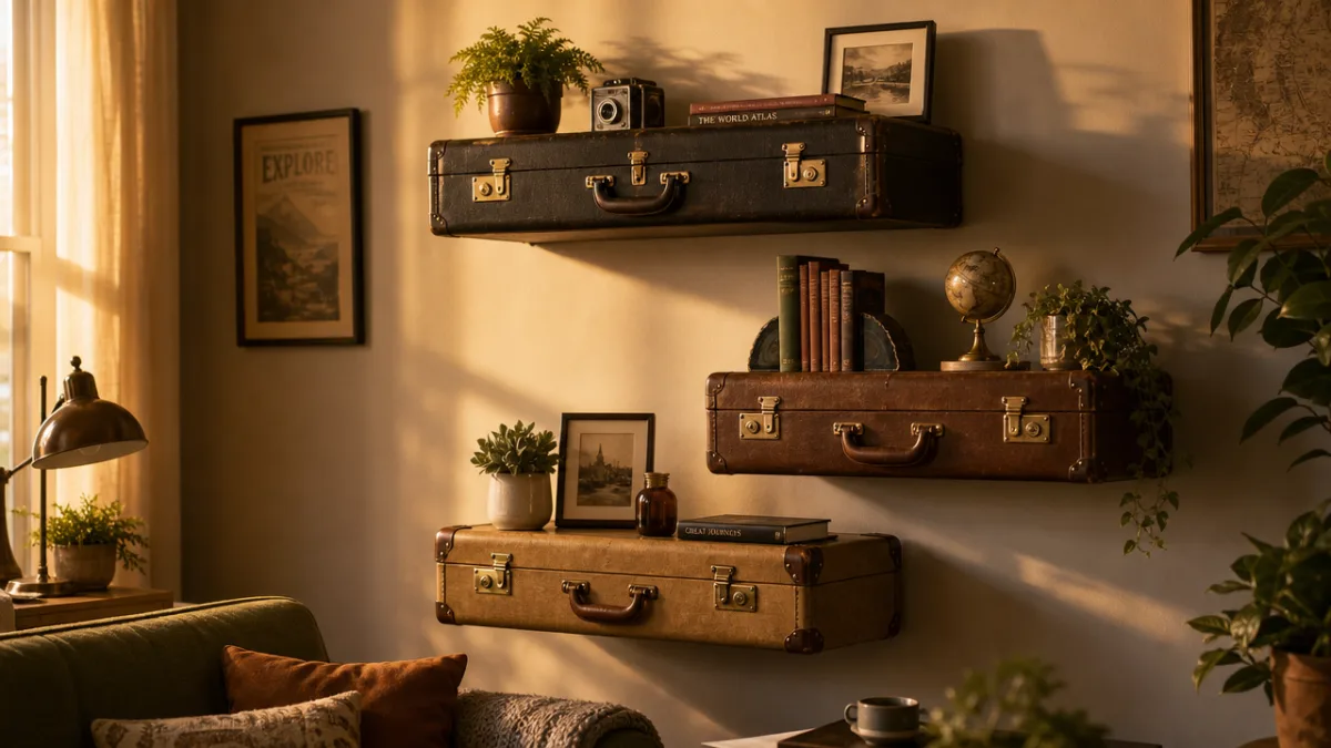 a stylish living room wall featuring three vintage briefcases mounted as floating…