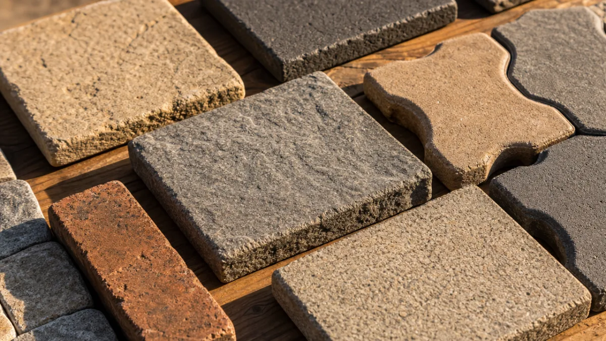 a close-up of various stone paver samples arranged on a wooden surface,…
