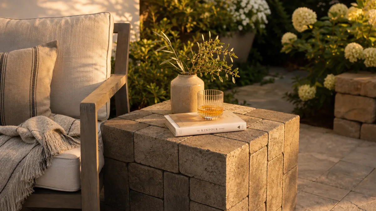 a cozy outdoor patio scene with a stone paver side table beside…