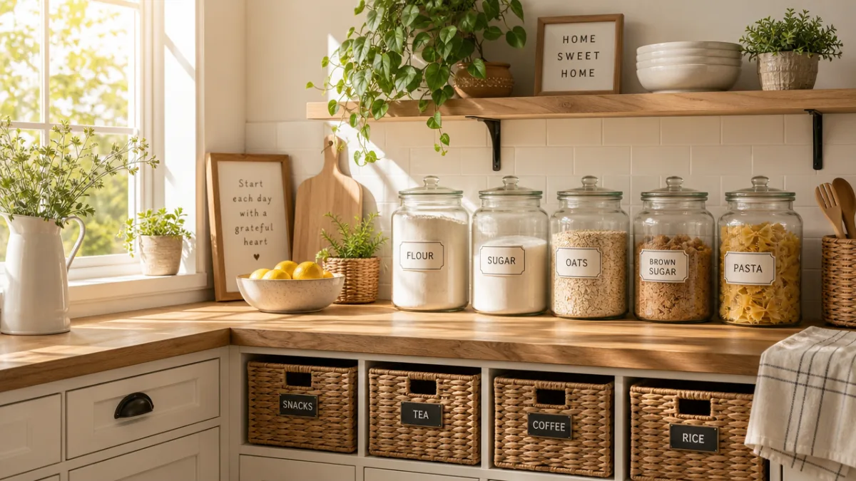 a tidy kitchen counter with labeled glass jars and wicker baskets, warm…