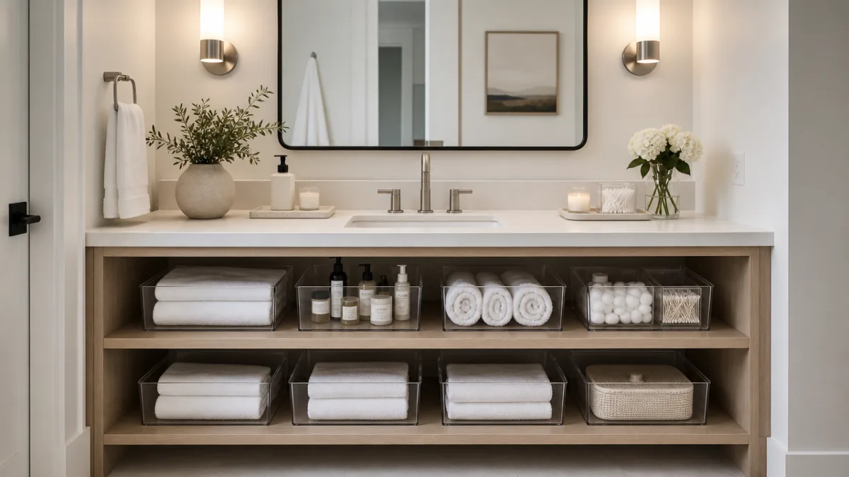 a clean organized bathroom vanity with clear bins and white towels, soft…
