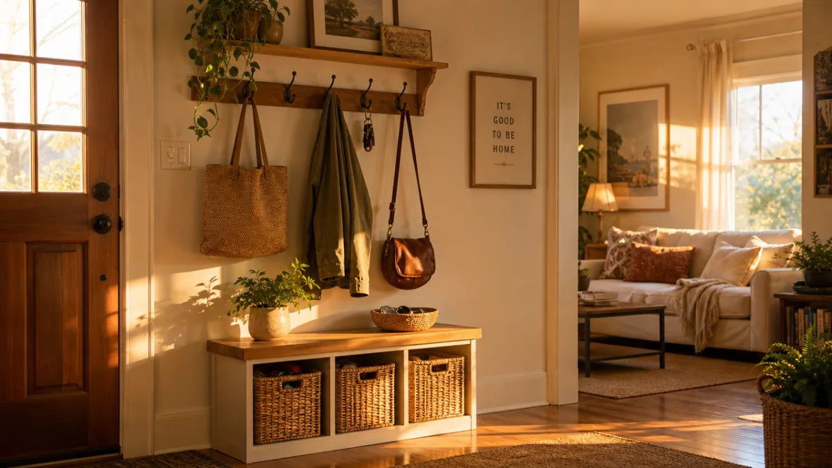 a cozy living room entryway with wicker baskets, hooks for bags and…