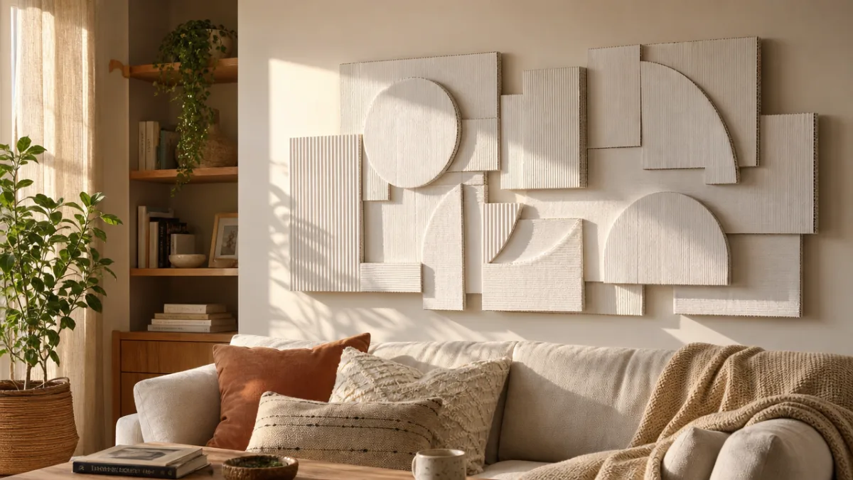 a cozy living room wall displaying layered cardboard geometric art panels painted…