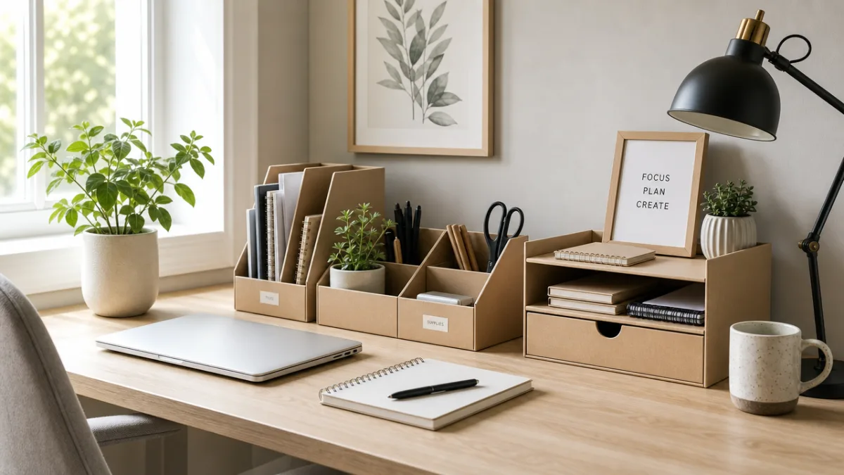 a tidy home office desk with cardboard organizers holding supplies, painted in…