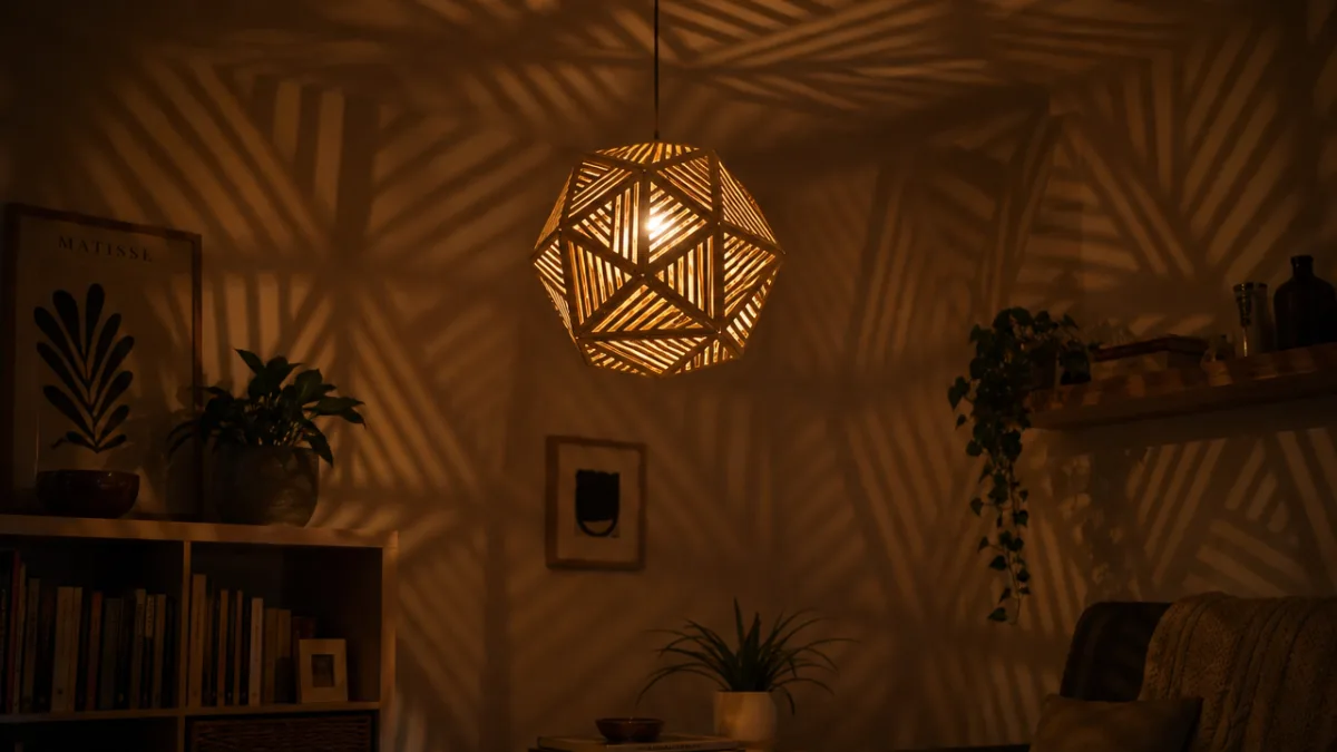 a warm dimly lit room showcasing a glowing cardboard geometric pendant lamp…