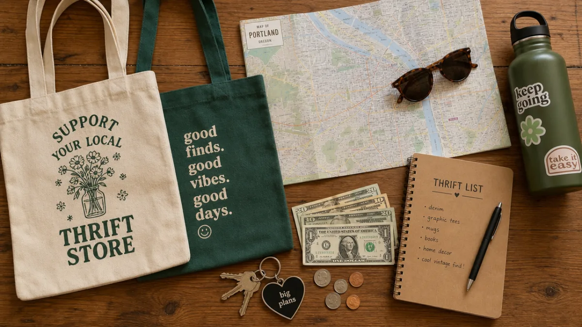 a flat lay of thrift shopping essentials including tote bags, a map,…