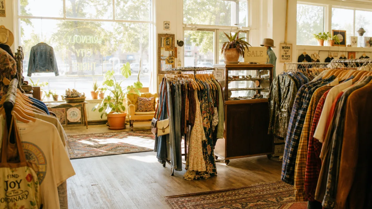 a bright airy vintage thrift store with clothing racks and warm afternoon…