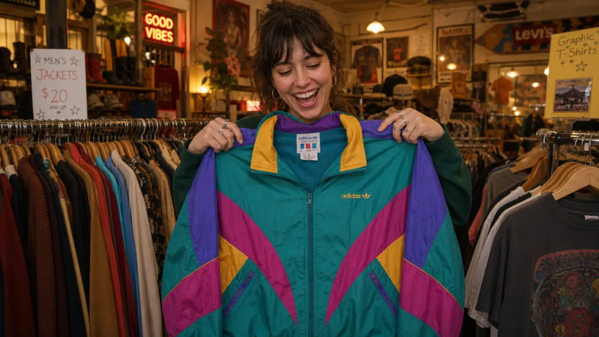 a joyful person holding up a colorful vintage jacket inside a thrift…