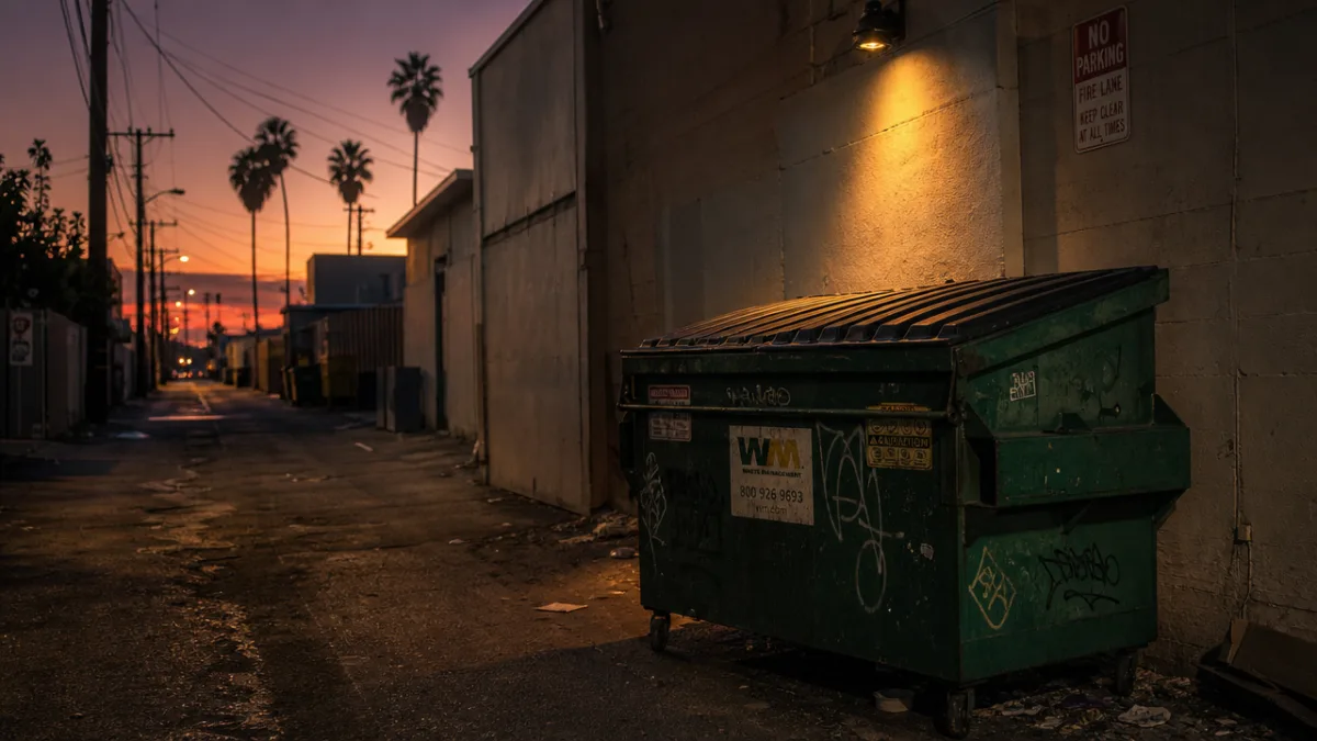 a California urban alleyway at dusk with a large green dumpster illuminated…