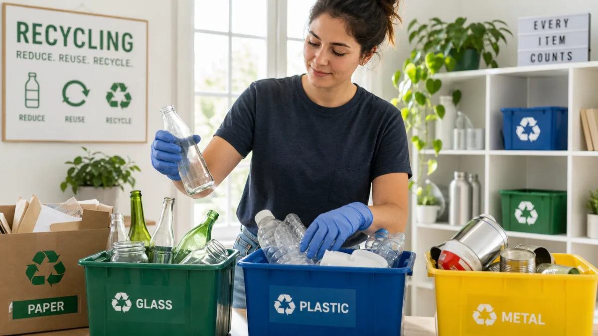 a person wearing gloves carefully sorting through clean recyclable items in daylight,…