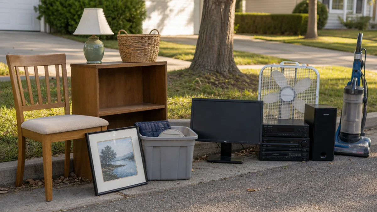 an assortment of gently used household items and electronics found near a…