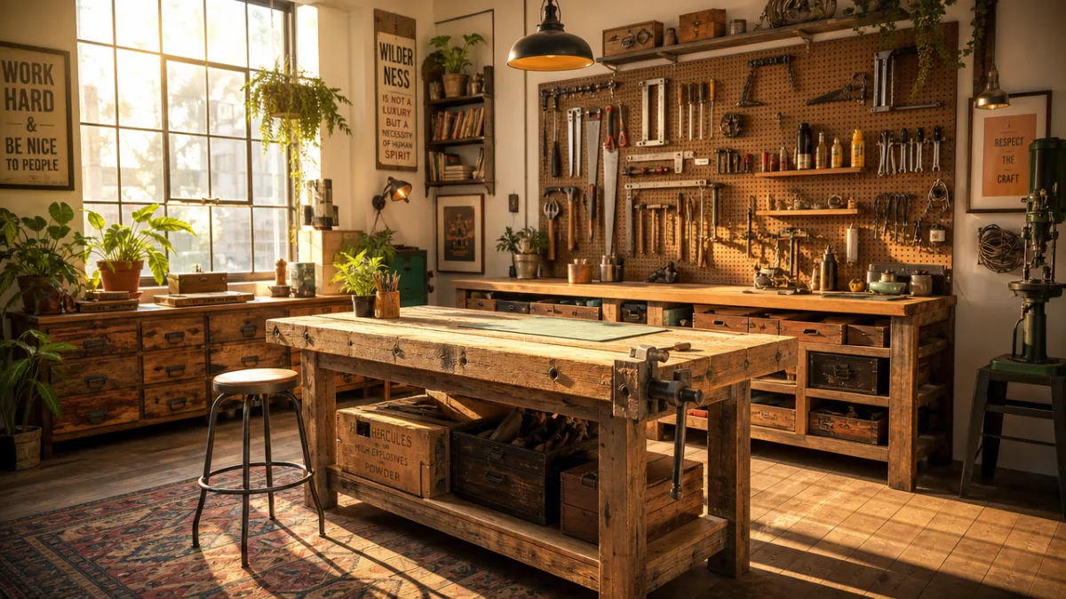 a sunlit creative workshop with reclaimed wood furniture, vintage tools arranged neatly…