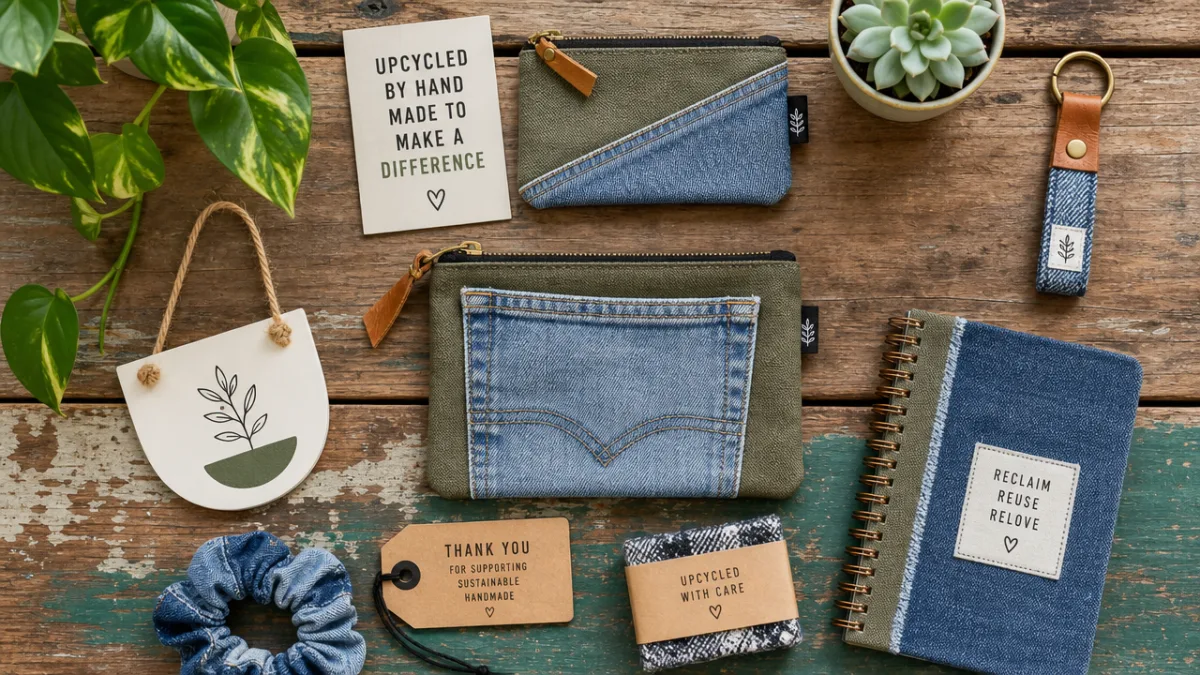 a flat lay of upcycled handmade products arranged on a reclaimed wood…