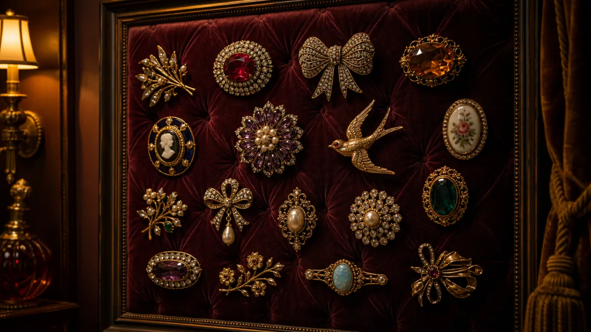 a richly styled velvet wall panel displaying an arrangement of vintage brooches,…