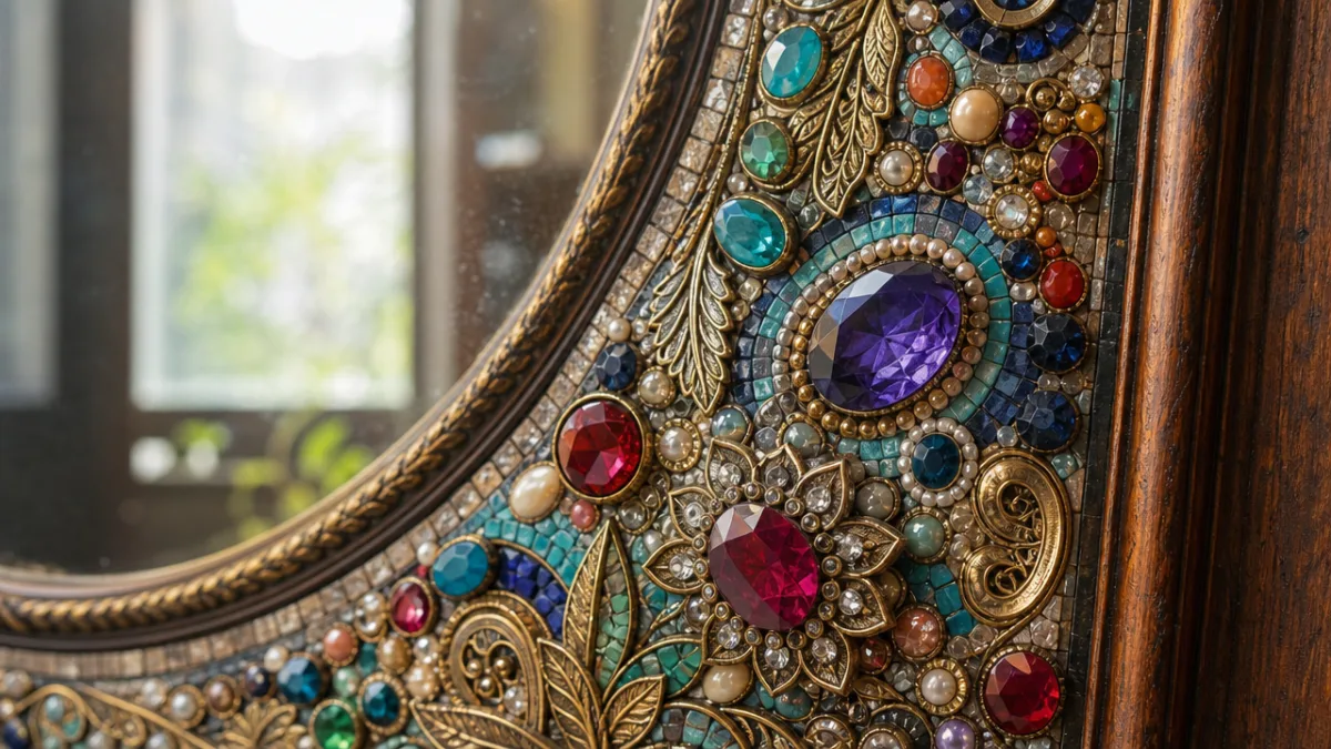 a close-up of an ornate vintage jewelry mosaic decorating a wooden mirror…