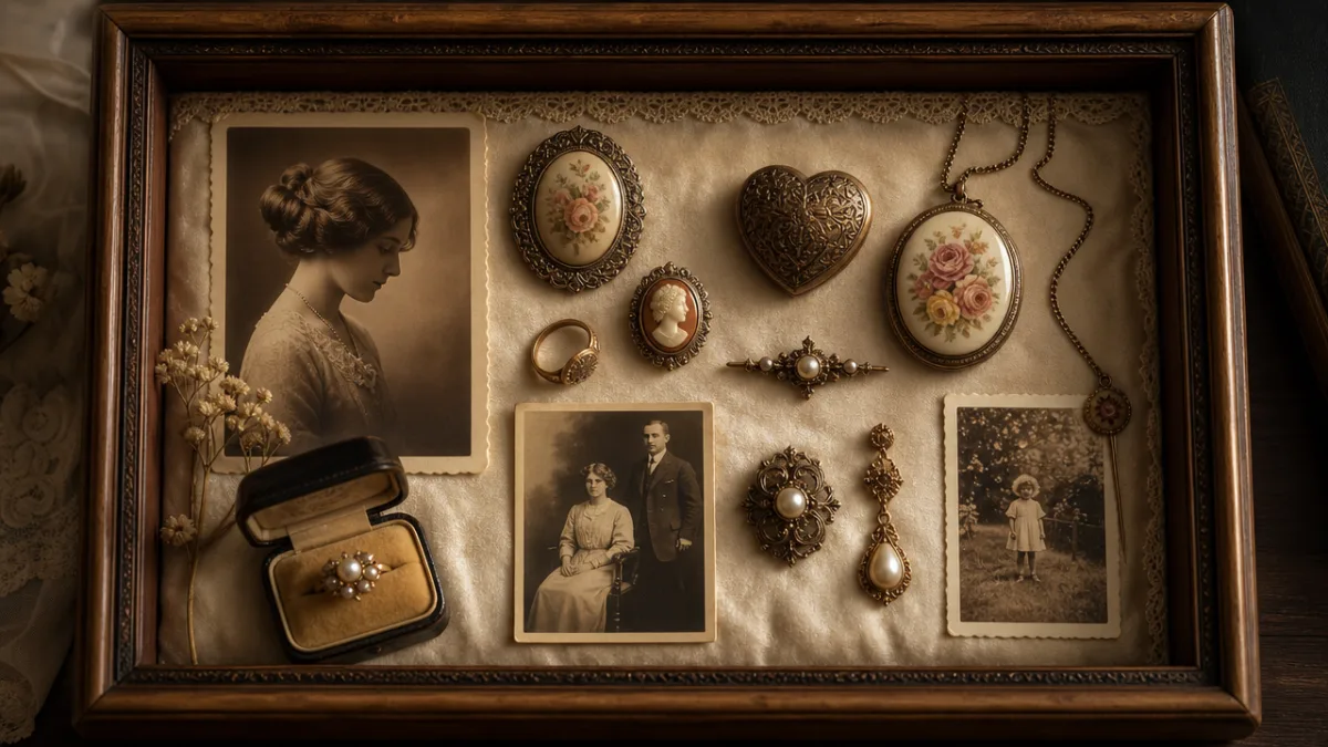 a beautifully arranged shadow box displaying vintage jewelry and old photographs on…