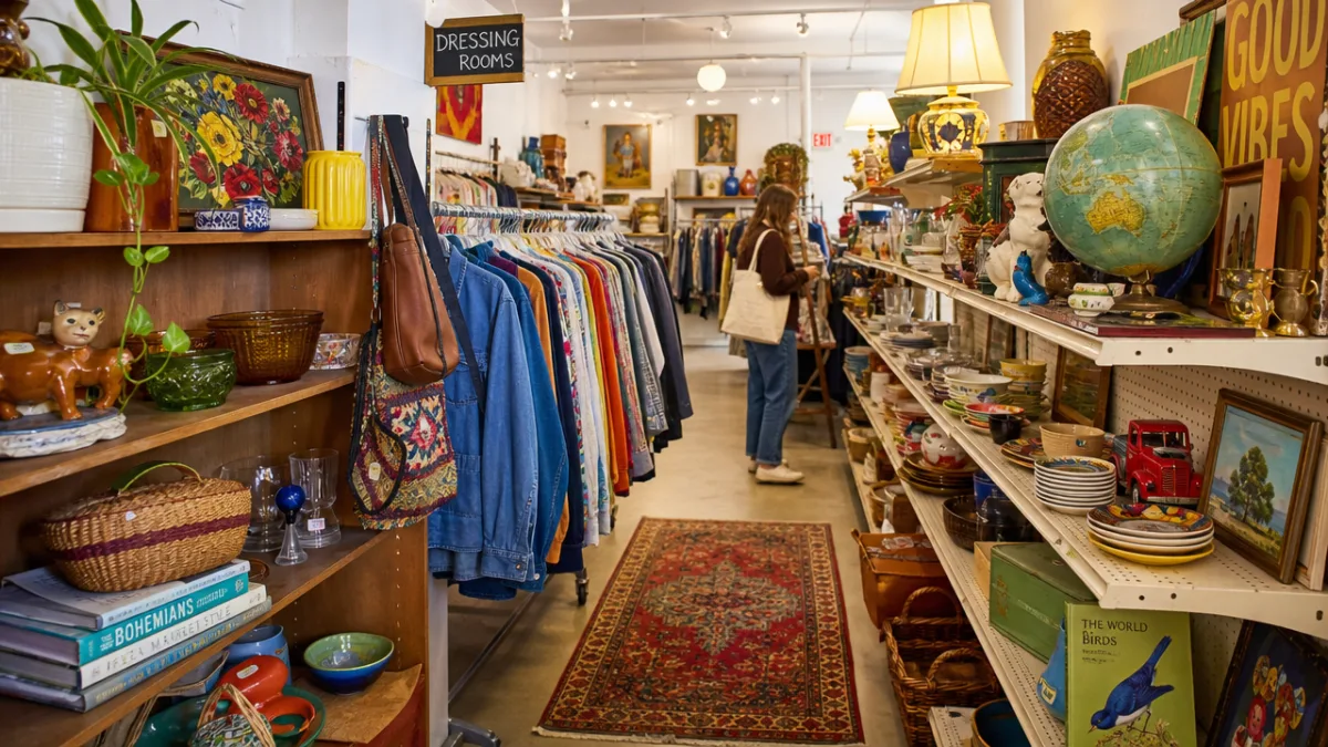 a bright thrift store aisle filled with colorful secondhand items, warm overhead…