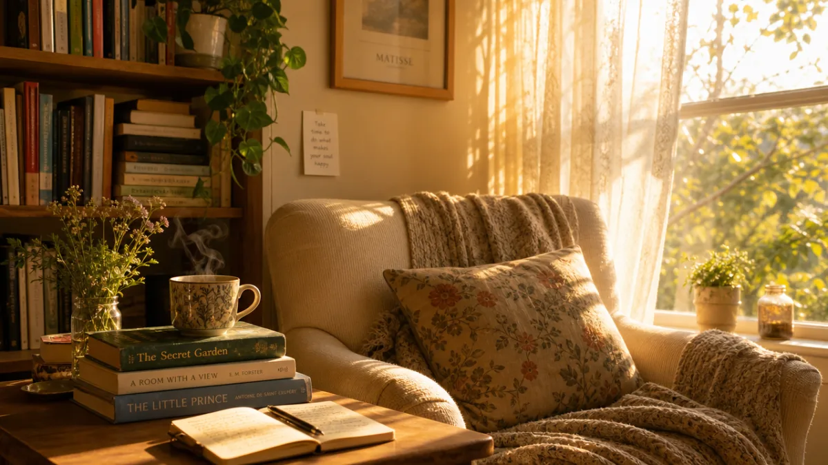 a sunlit reading nook with stacked books, a steaming coffee mug, and…