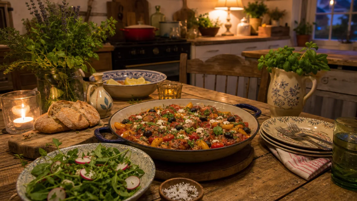 a rustic wooden kitchen table set with a colourful homemade meal, fresh…