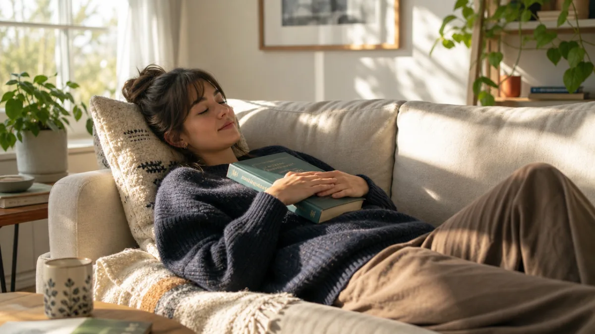 a person resting peacefully on a sunlit sofa with a book on…