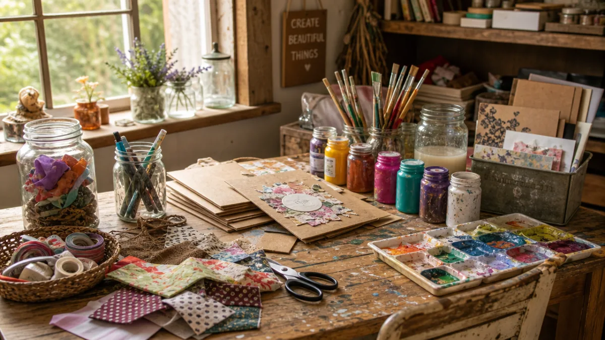 a rustic wooden craft table covered with glass jars, fabric scraps, cardboard,…