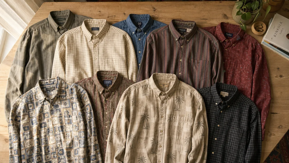 a flat lay of thrifted men's shirts in various patterns and colors…