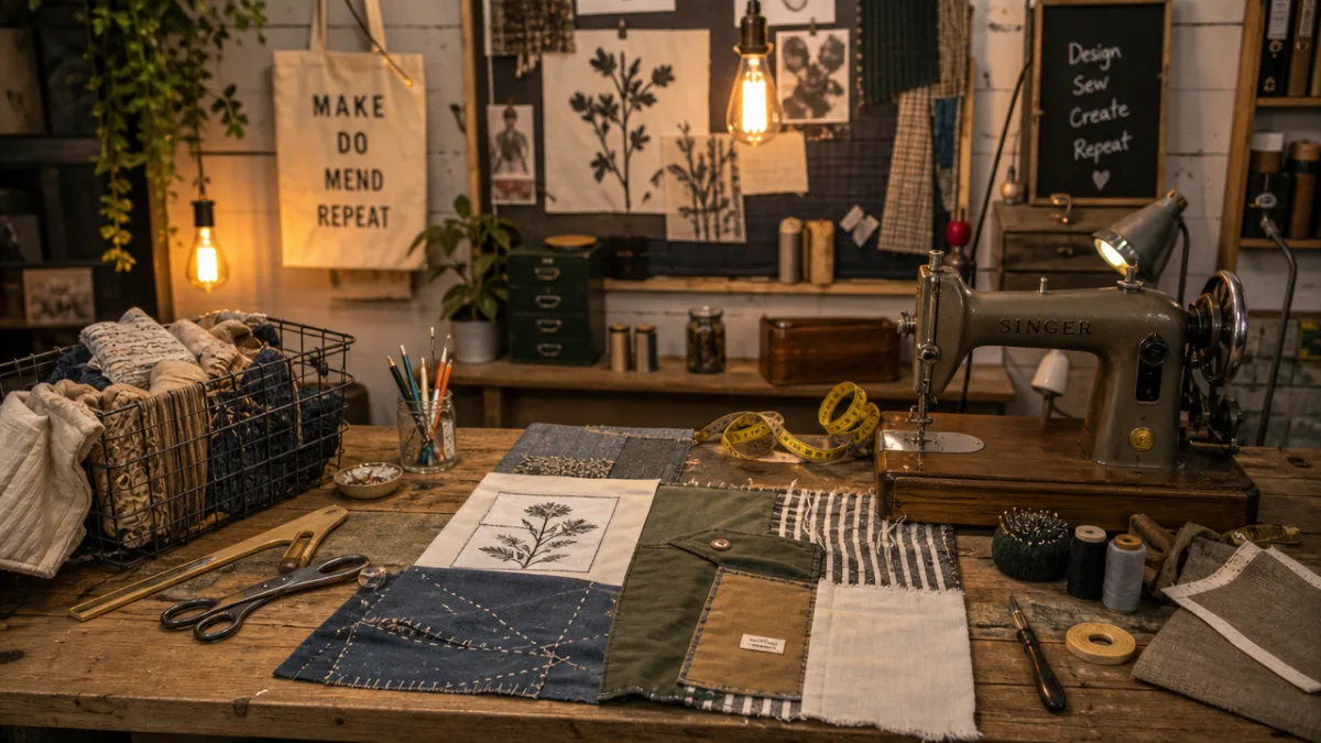 a creative sewing workspace with upcycled fabric panels and sewing tools laid…