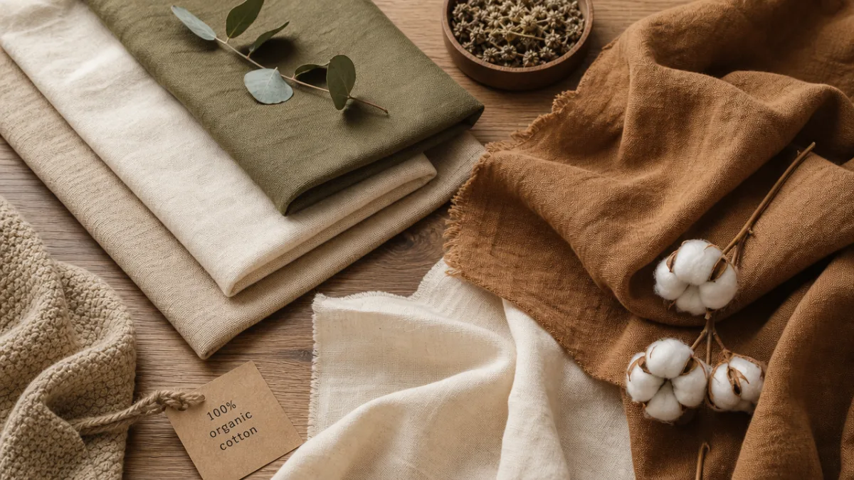 a flat lay of eco-friendly natural fabrics in earthy tones on a…