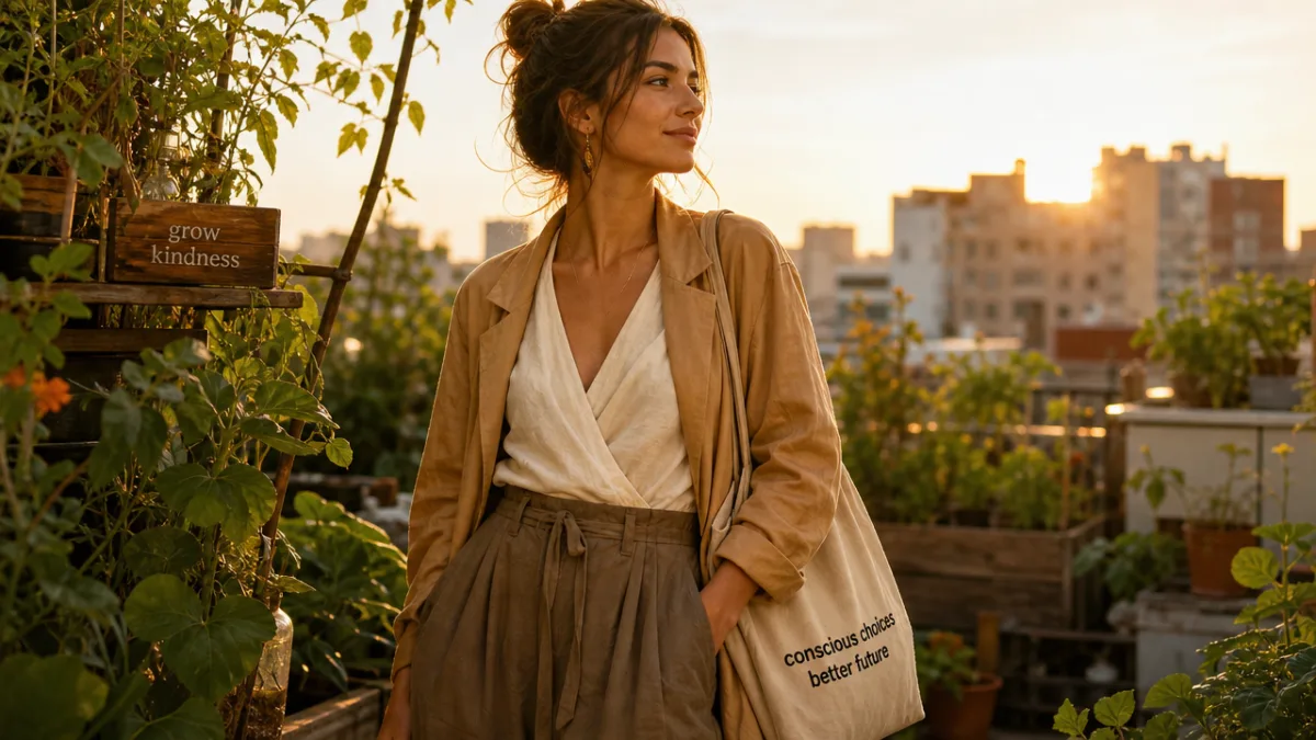 a stylish woman wearing earth-toned sustainable fashion in a sunlit urban garden,…