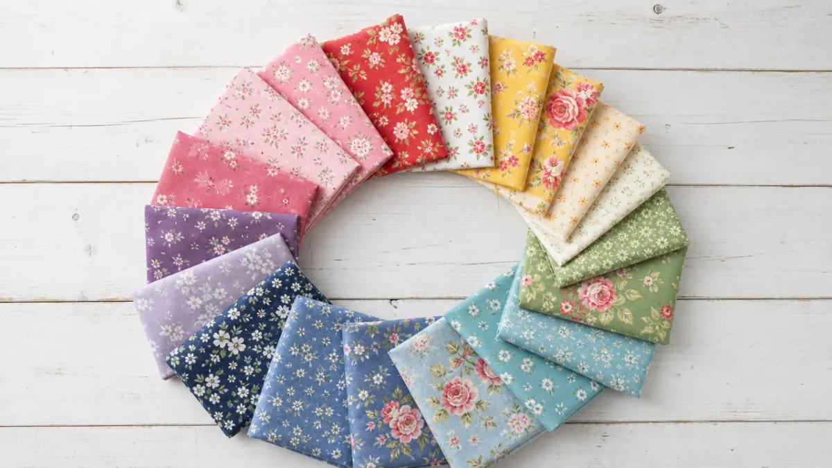 a flat lay of colorful floral quilting fabrics arranged in a circle…