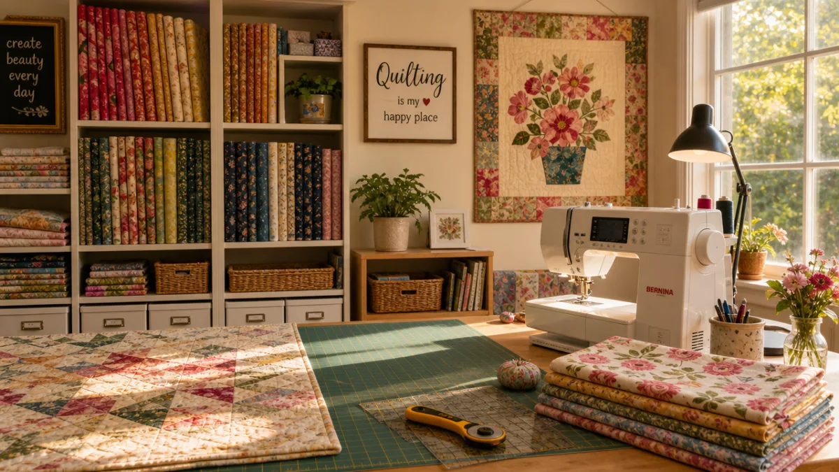 an organized quilting workspace with colorful floral fabrics on shelves, a sewing…