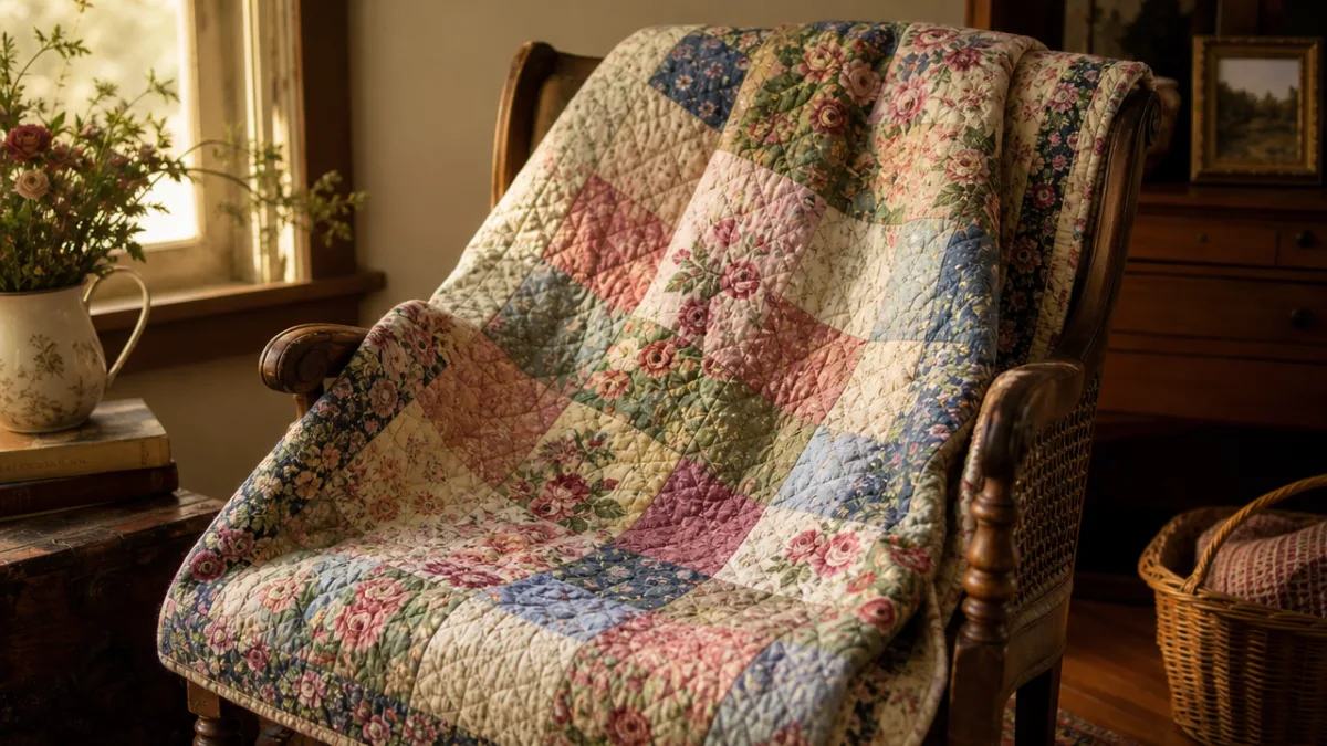 a finished floral patchwork quilt draped over a vintage wooden chair, soft…