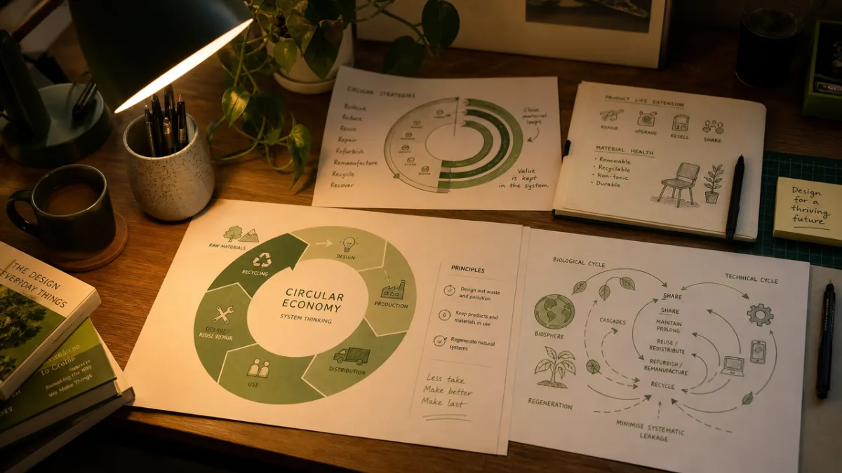 a designer's desk with circular economy diagrams spread out, warm lamp light…