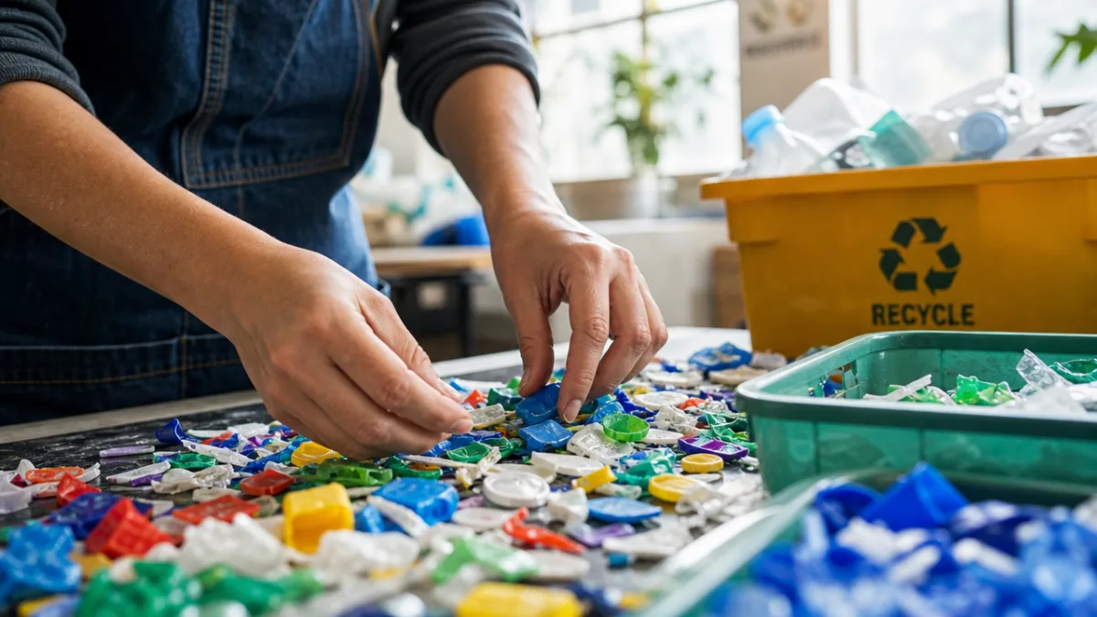 a close-up of hands sorting colorful recycled materials in a bright workshop,…