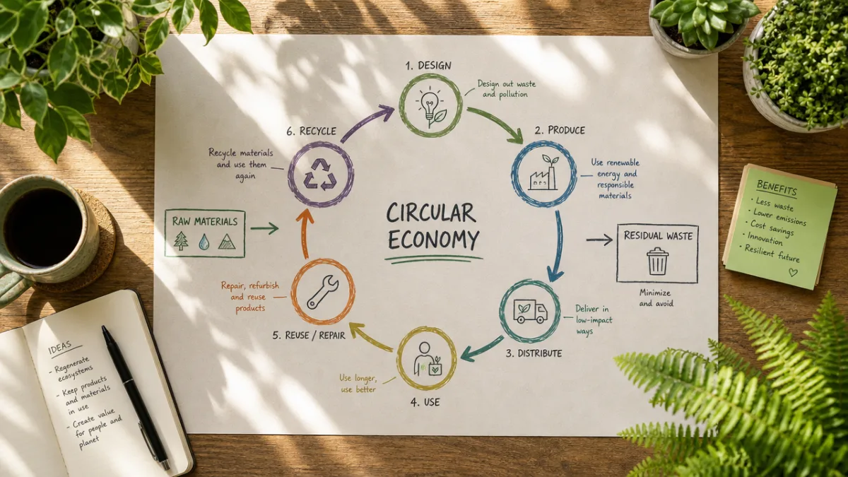 an overhead view of a circular economy concept diagram on a table…