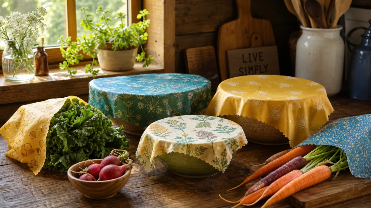 a rustic wooden kitchen countertop with colorful beeswax wraps covering bowls and…