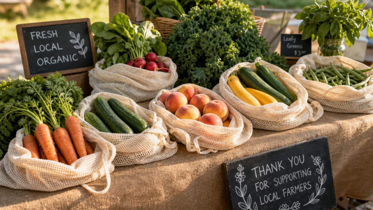 a farmers market table covered with fresh produce nestled in natural cotton…