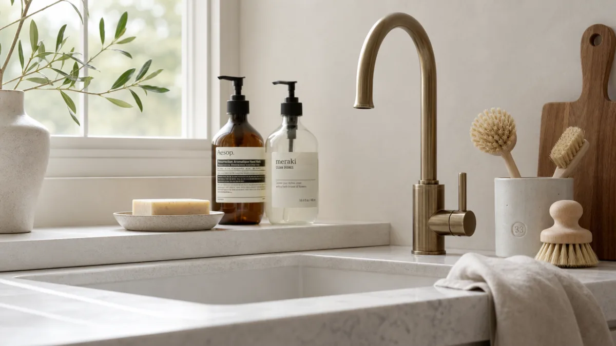 a clean minimalist kitchen sink area with bar soap, glass bottles, and…