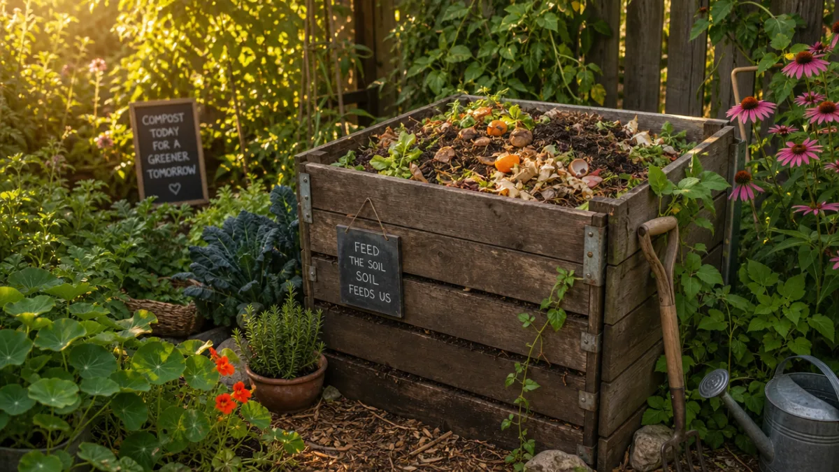 a lush backyard compost bin surrounded by green garden plants in warm…