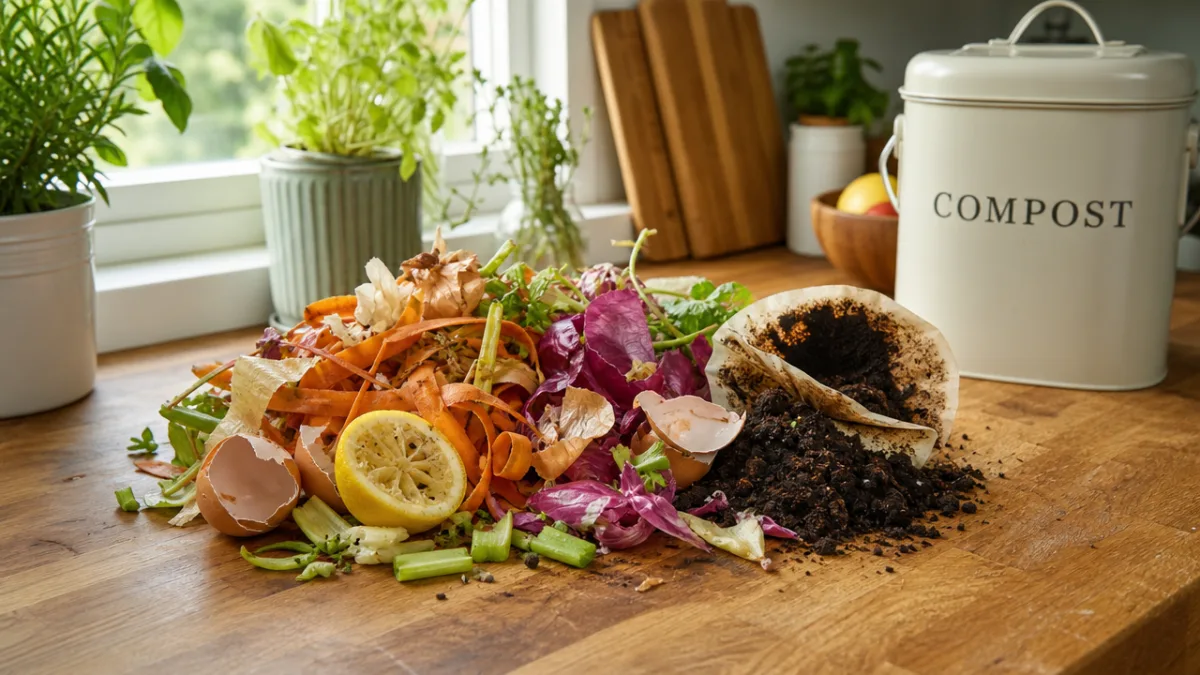 a wooden kitchen countertop with colorful vegetable scraps and coffee grounds ready…