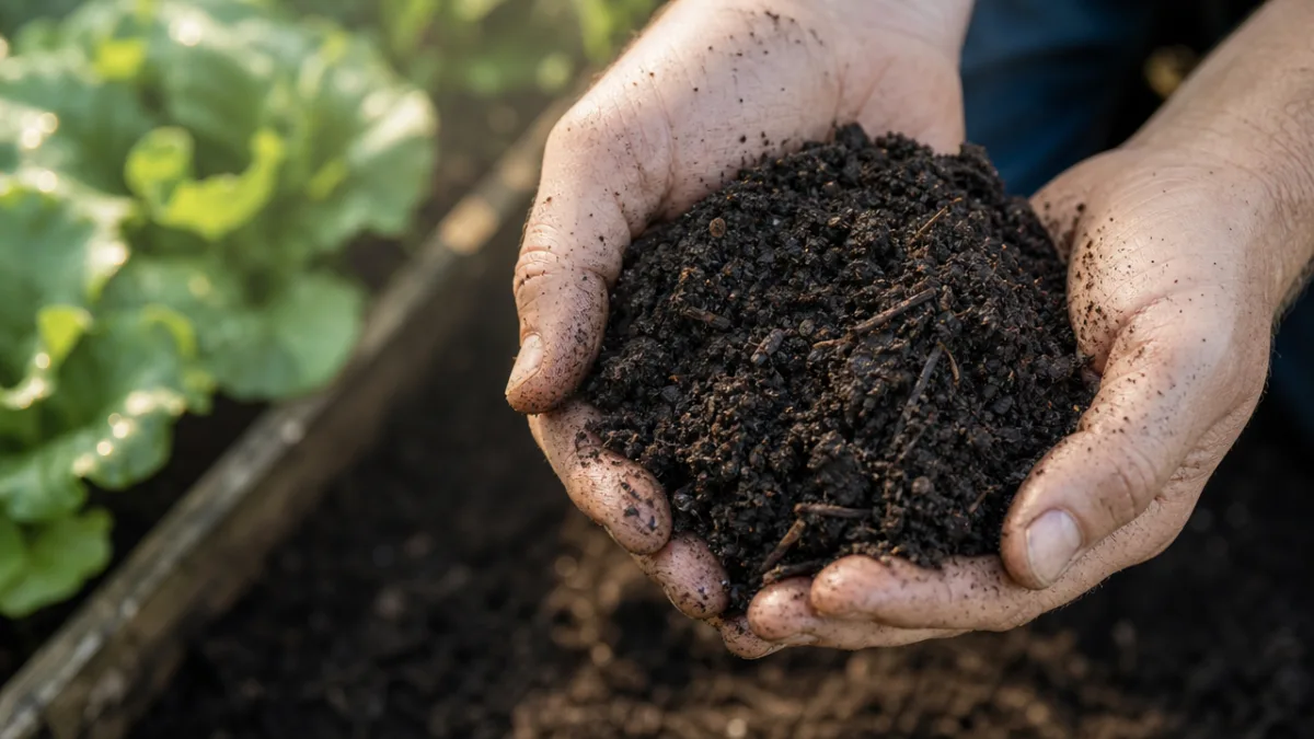 rich dark finished compost being held in two cupped hands above a…